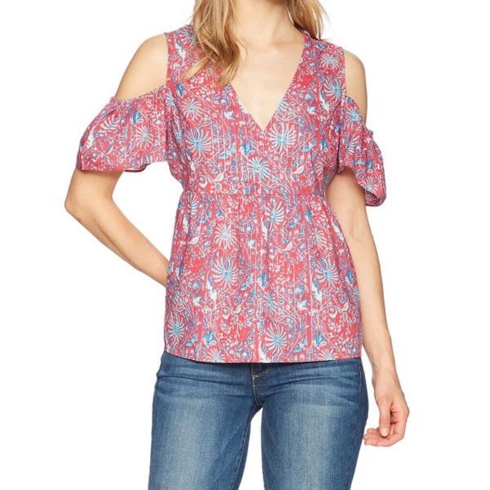 Lucky Brand NWT Baby Doll OTS Blouse Silver & Red Striped Floral Print